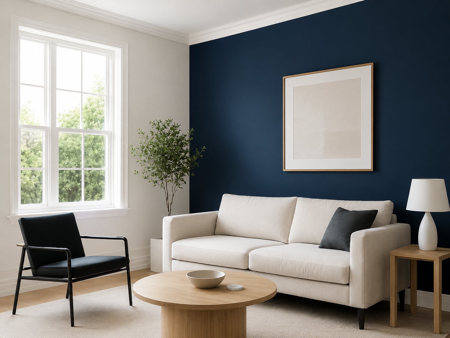 Finished living room with a deep navy feature wall and clean white trim