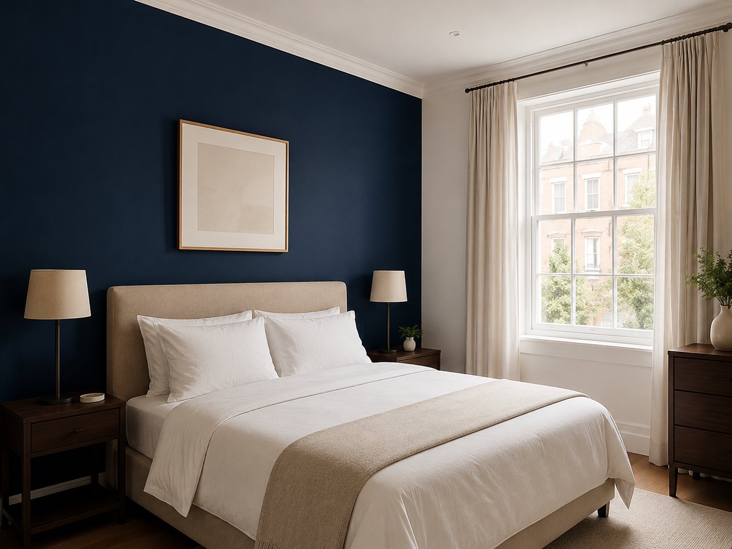 Bedroom with deep navy feature wall and professional decoration