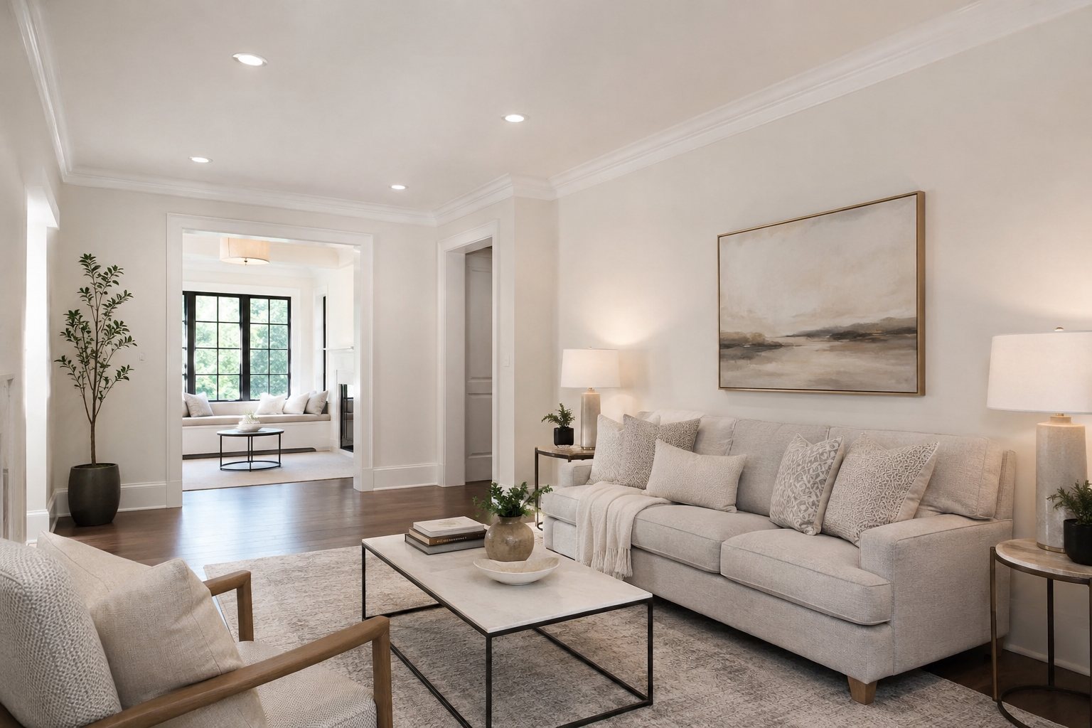 Bright finished living room with fresh neutral painting