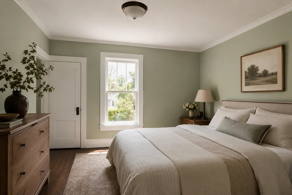 Calm bedroom painted in soft sage green with white trim and neutral bedding