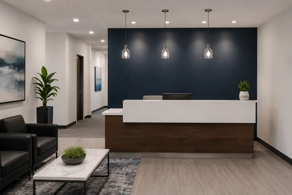 Commercial reception area with a deep navy feature wall behind the desk