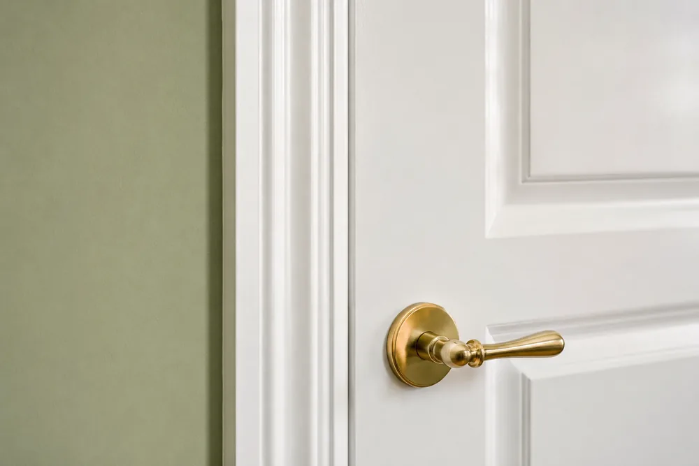 White panelled interior door with a brass lever handle against a sage green wall