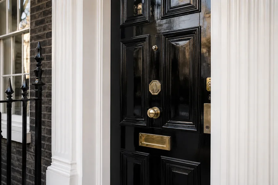 Glossy black Georgian front door with polished brass fittings and white surround