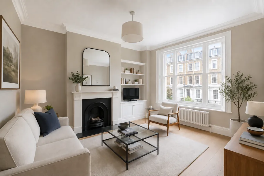 Bright living room finished in soft neutral tones with a bay window and fireplace