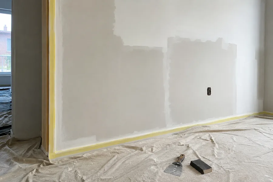 Bare wall stripped back and prepared after wallpaper removal, with masking and dust sheets in place