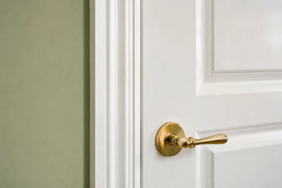 White panelled interior door with a brass lever handle against a sage green wall